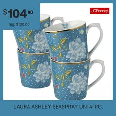 three blue and white coffee mugs with flowers on them for $ 10 00 reg $ 30 00