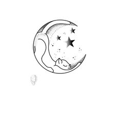 a drawing of a cat sleeping on the moon with stars in it's back