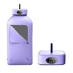 a purple water bottle next to a white container