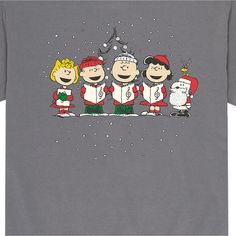 a group of charlie brown christmas characters on a grey shirt with snow falling around them