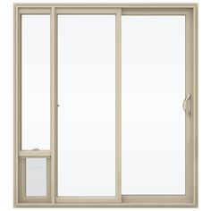 an open sliding glass door on a white background, with the side panel closed and one window