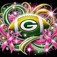 a green bay packers football with pink ribbon and stars in the background is an abstract design