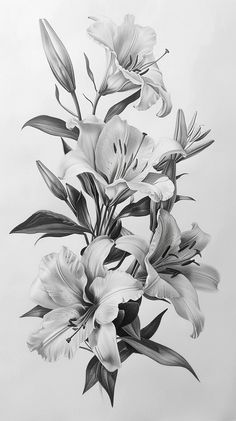 black and white drawing of flowers in a vase