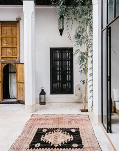 an outdoor area with a rug, potted plant and wooden doors