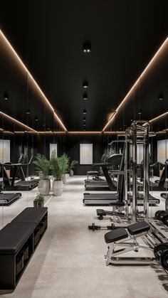 a gym with treadmills, exercise machines and plants on the floor in front of them