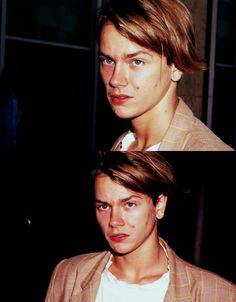 two photos of a young man with hair in the middle and one is looking at the camera