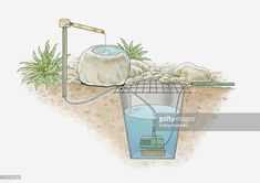 an illustration of a well with water in it and rocks on the ground next to it