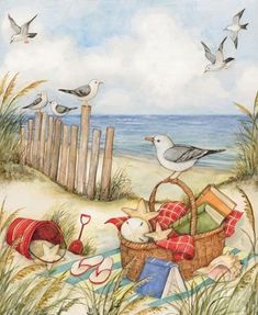 a painting of seagulls and birds on the beach with a basket full of items