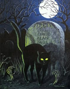 a painting of a black cat in front of a grave with the moon behind it