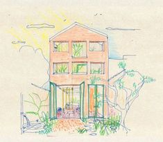 a drawing of a house on the side of a hill