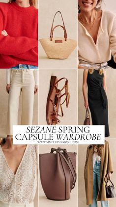 Sezane Spring Capsule Wardrobe Nine Item Cover Image Including Red Sweater, Straw Bag, Cream Cardigan, Sezane Cool French Girl Style, How To Dress Parisian, Spring Outfits, Spring Capsule Wardrobe, early spring outfits casual, weekly outfit planner, outfit ideas for Spring, Mom Spring Outfits, Spring Capsule wardrobe Sezane Spring, Capsule Spring Wardrobe, Weekly Outfit Planner, Casual Brunch Outfit Spring, Early Spring Outfits Casual, Parisian Spring, Comfy Spring Outfits, Brunch Outfit Spring, Casual Brunch Outfit