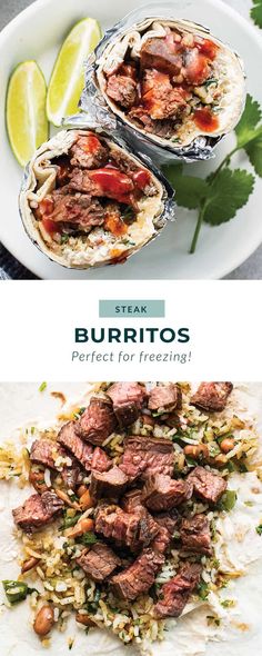 steak burritos on a plate with cilantro and lime