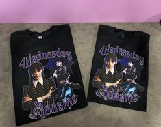 two black t - shirts with the words wednesday and madam's printed on them