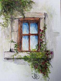 a painting of an open window with vines and flowers