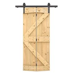 a pair of wooden doors with metal bars on the top and bottom, against a white background