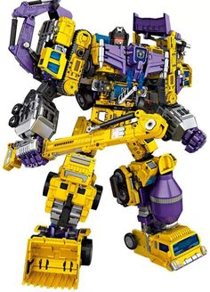 a yellow and purple robot toy on a white background