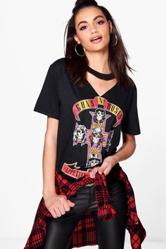 boohoo Rosie Guns N Roses Cut Out Neck Licence Band Tee Cut Band Tee, Cotton Camisole, Women Sleeve, Edgy Outfits, 80s Fashion, Cut Shirts, Band Tees, Women Tops