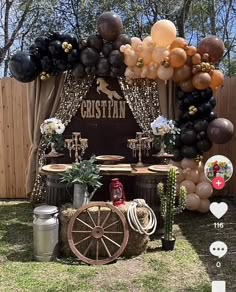 an outdoor party with balloons and decorations on the grass, including a horse drawn wagon