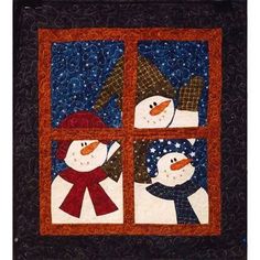 a quilted snowman and two snowmen looking out the window with red trim