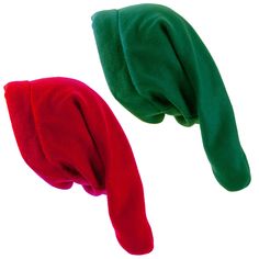 two red and green hats are shown against a white background