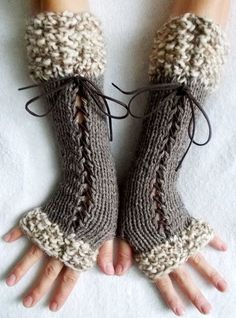 Knit Fingerless Gloves Long Wrist Warmers Taupe/ Grey Brown Corset with Suede Ribbons Victorian Style Knit Fingerless Gloves, Knitted Gloves, Loom Knitting