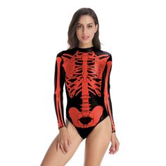 Features: Style: Sexy Occasion: Daily/Halloween Material: Polyester Sleeves: Long Sleeves Neckline: Round Neckline Pattern: Human Tissue Type: Horrible Swimwear Season: Four Seasons Size Bust Waist cm inch cm inch S/M 78 31 72 28 L/XL 86 34 74 29 Skeleton Costume Women, Red Skeleton, Catsuit Outfit, Human Tissue, Halloween 3d, Skeleton Print, Black Halloween, Print Swimsuit, Night Party