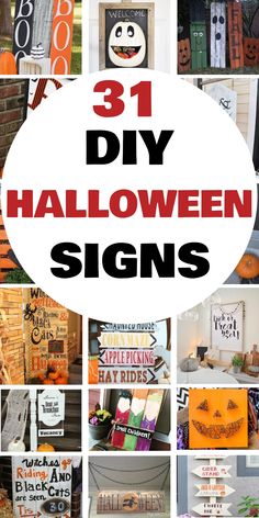 31 DIY Halloween signs in a collage format with various creative and spooky designs. Happy Halloween Signs Diy, Halloween Party Signs Diy, Halloween Sign Ideas, Eerie Quotes, Funny Halloween Signs, Diy Halloween Signs, Easy Outdoor Halloween Decorations, Halloween Signs Diy, Diy Wood Crafts