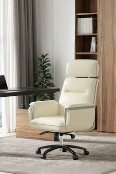 a white office chair sitting in front of a book shelf