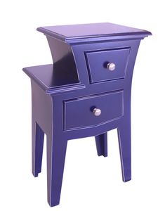 a purple night stand with two drawers and one drawer on the side, against a white background