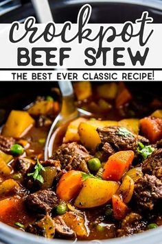 crockpot beef stew in a slow cooker with text overlay