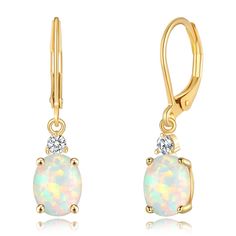 PRICES MAY VARY. 【Womens Opal Dangle Earrings】Oval opal drop dangle earrings add style and elegance to your looks. Easy to match costume. Fashion pendant earrings made of high quality 14K gold plated brass and created white fire opal, lead-free, nickel-free and hypoallergenic. 【Drop Dangle Earrings】Hanging lever earrings size: 27*7mm, white cubic zircon size: 1*1mm. total weight: 1.6g. Leverback Dangle Earrings stone is white oval fire opal size: 7*9mm. Women and girls dangle earrings come elega Opal Earrings Vintage, Opal Earrings Dangle, Fire Opal Earrings, Earrings Hanging, Opal Drop Earrings, Blue Fire Opal, Earrings Stone, Silver Jewelry Earrings, Fashion Pendant