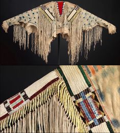 an old native american blanket with fringes and beads on it's sides, two pictures side - by - side