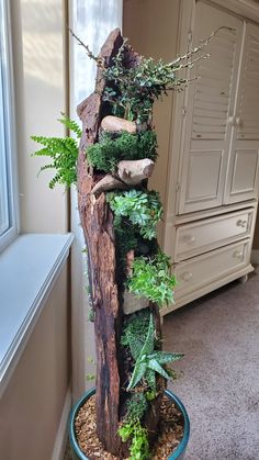 a planter filled with lots of green plants next to a wall mounted wooden sculpture