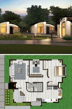 two different views of the same house from above and below, each with its own floor plan