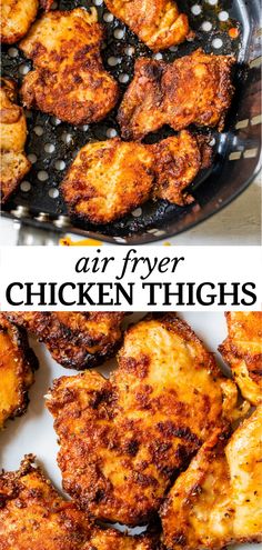 air fryer chicken thighs in a skillet with text overlay that reads air fryer chicken thighs