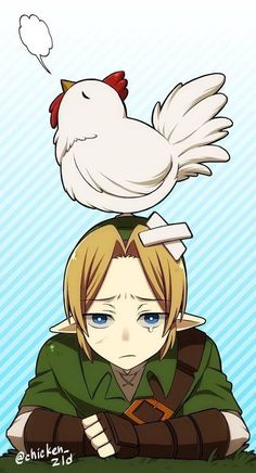 an anime character sitting on the ground with a chicken perched on top of his head