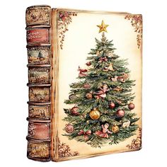 an open book with a christmas tree on it