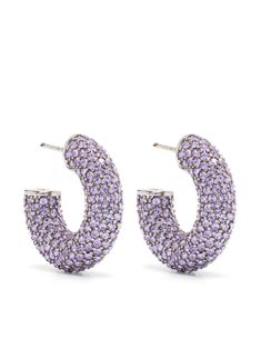 violet purple brass small hoop design glass crystal embellishment engraved logo for pierced ears post-back fastening These earrings come as a pair. Mini Earrings, Hoop Design, Earrings Purple, Crystal Hoop Earrings, Amina Muaddi, Purple Earrings, Red Jewelry, Jewelry Lookbook, Dolce E Gabbana