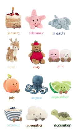 an image of stuffed animals and their names