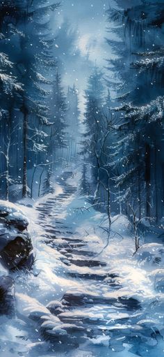 a painting of a snowy path in the woods