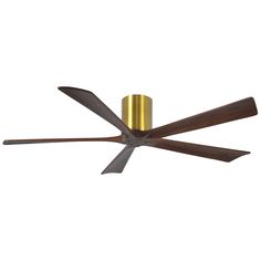 a ceiling fan with three wooden blades on it