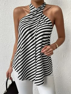 Striped Print Halter Neck Blouse Elegant Backless Cross - Temu Halter Neck Blouse, Halter Neck Blouses, Blouse Elegant, Shein Brasil, Striped Blouse, Sleeveless Blouse, Stripe Print, Halter Neck, Dress Skirt