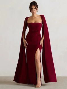 Scene Stealer, Long Cape, Split Long Dress, Leg Split, Jumpsuit Outfit, Split Maxi Dress, Cape Sleeves, Autumn Dress, Solid Color Dress