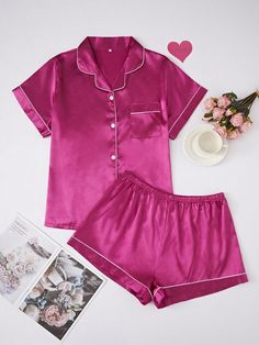 Plus Size Imitation Silk Contrast Piping Pajama Set Hot Pink Elegant  Short Sleeve Woven Fabric Plain Short Sets Non-Stretch All Women Plus Sleep and Lounge, size features are:Bust: ,Length: ,Sleeve Length: Silk Pjs, Satin Pajama Set, Pyjama Satin, Cute Pjs, Cute Sleepwear, Plus Size Pajamas, Satin Pajama, Pink Pajamas, Bright Fashion