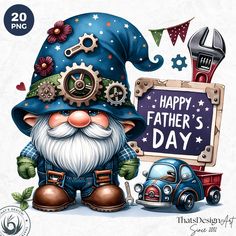 a father's day card with a gnome holding a sign