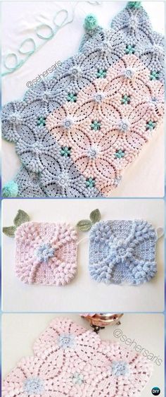 crocheted baby blanket and potholders are shown in three different pictures, one is blue