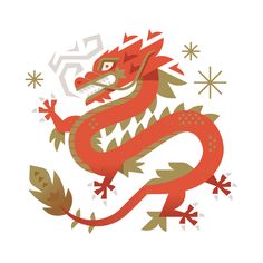 a red dragon with green leaves and snowflakes