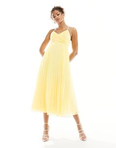 ASOS DESIGN pleated bodice strappy pleat midi dress with tie back detail in lemon | ASOS Formal Dresses Graduation, Cocktail Dress Formal, Guest Attire, Winter Party Dress, Wedding Attire Guest, Pleated Bodice, Pleated Midi Dress, Long Sleeve Floral Dress, Dress With Tie