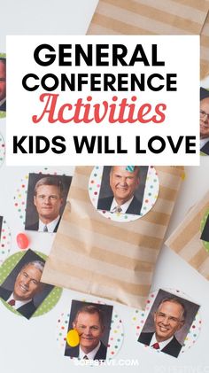 some brown paper bags with pictures on them and the words general conference activities kids will love