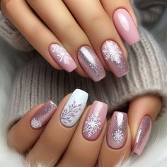 Get inspired by these stunning pink Christmas nail ideas for the perfect holiday vibes. #christmasnails #xmasnails #festivalnails #pinkchristmasnails #hernails Snowflake Pink Nails, Pink Nails With Snowflakes, Pink Winter Nails Short, Pink Winter Nail Designs, Nails Winter 2024, Winter Nails 2025, Nail Ideas For January, Winter Nails Purple, Pink New Years Nails